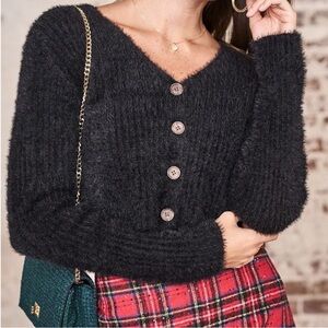 Cozy Fuzzy Cropped Cardigan Black Button-Up Sweater By Miami Sz S